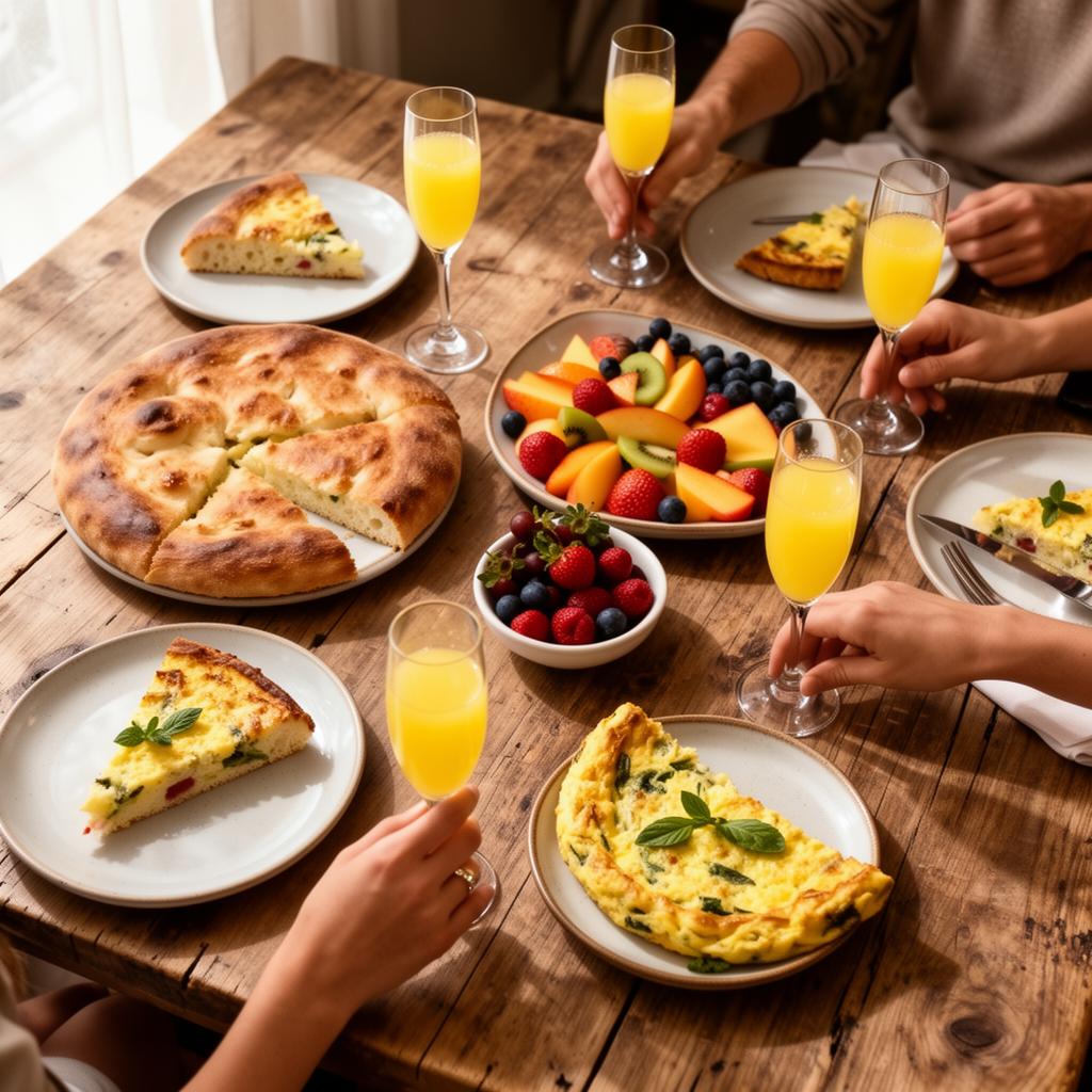 Italian brunch spread with focaccia, frittata, fruit and mimosas