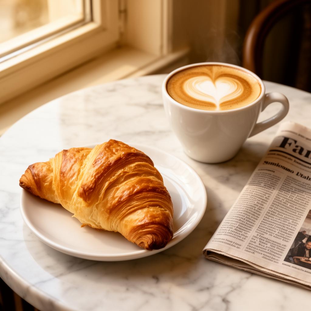 Cornetto and cappuccino with latte art on a marble café table